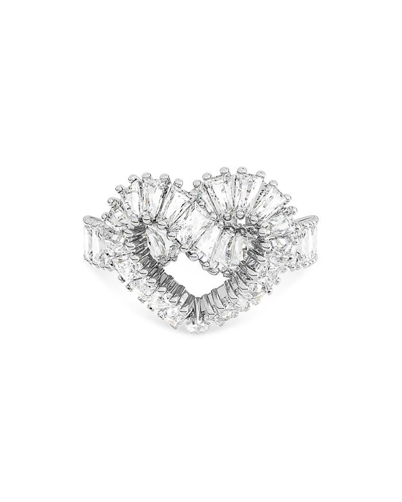 Matrix Baguette Crystal Woven Heart Cocktail Ring Rhodium Plated