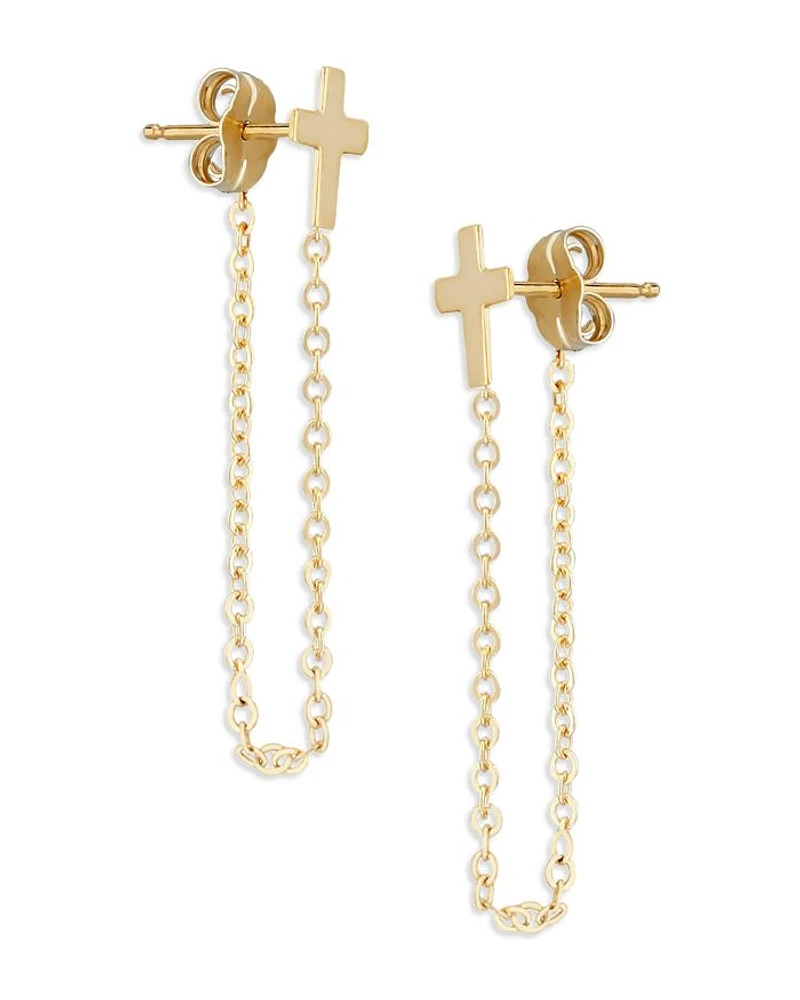 14K Yellow Cross Draped Chain Earrings - Exclusive