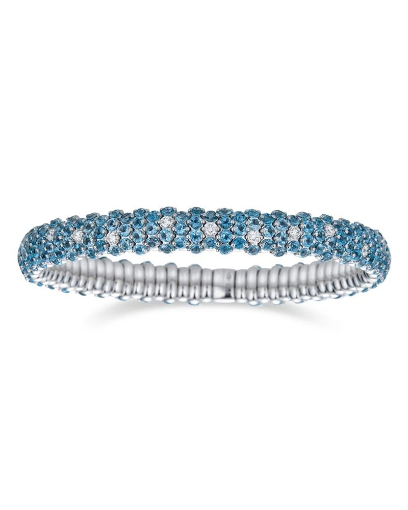 18K White Gold Stretch Blue Topaz & Diamond Bracelet
