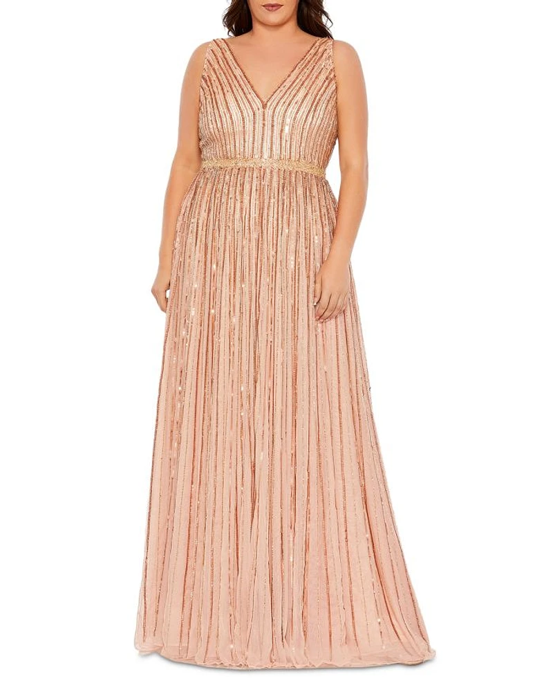 Plus Sequined Striped Sleeveless V Neck A Line Gown