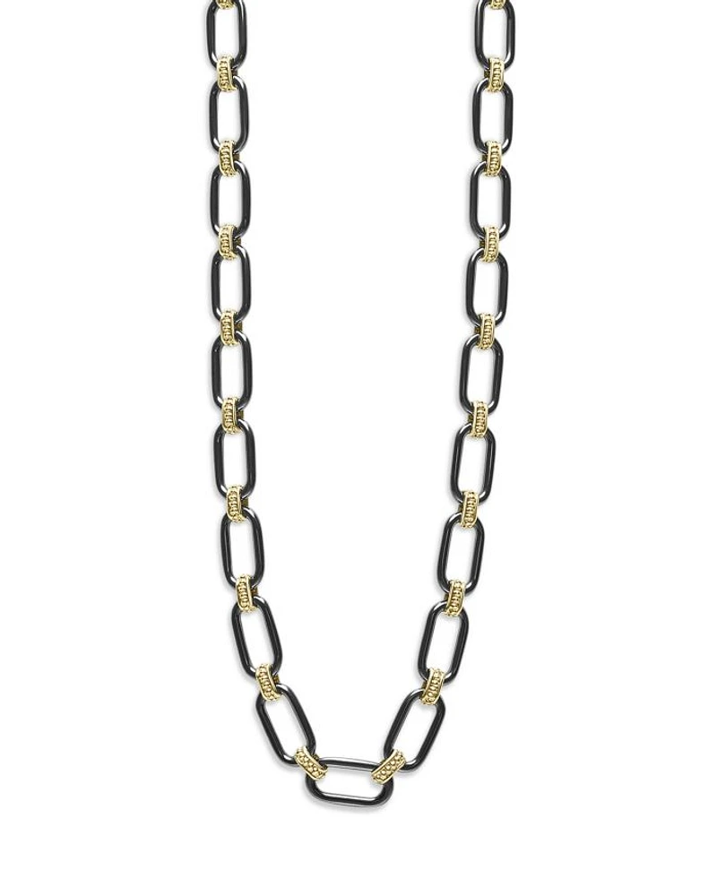 18K Yellow Gold Signature Caviar Black Ceramic Link Necklace, 16-18"