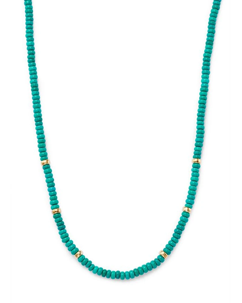 14K Yellow Gold Gemstone Beads Turquoise Rondelle Collar Necklace, 16-18"