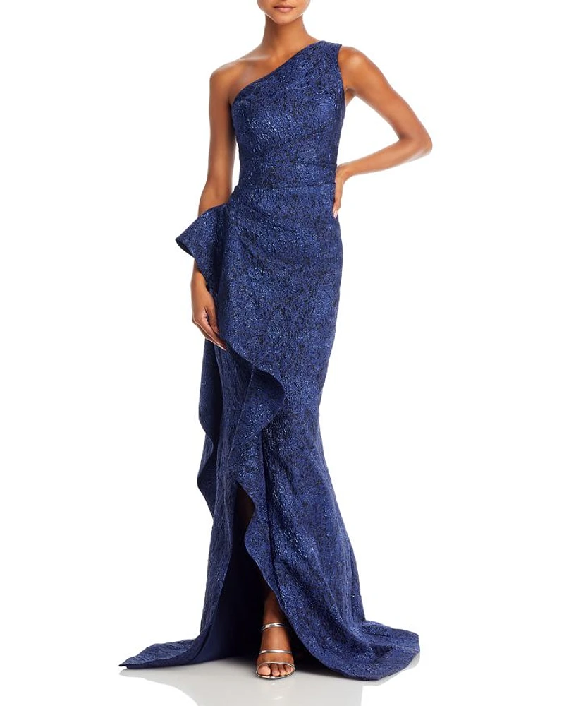 Metallic Jacquard One Shoulder Gown