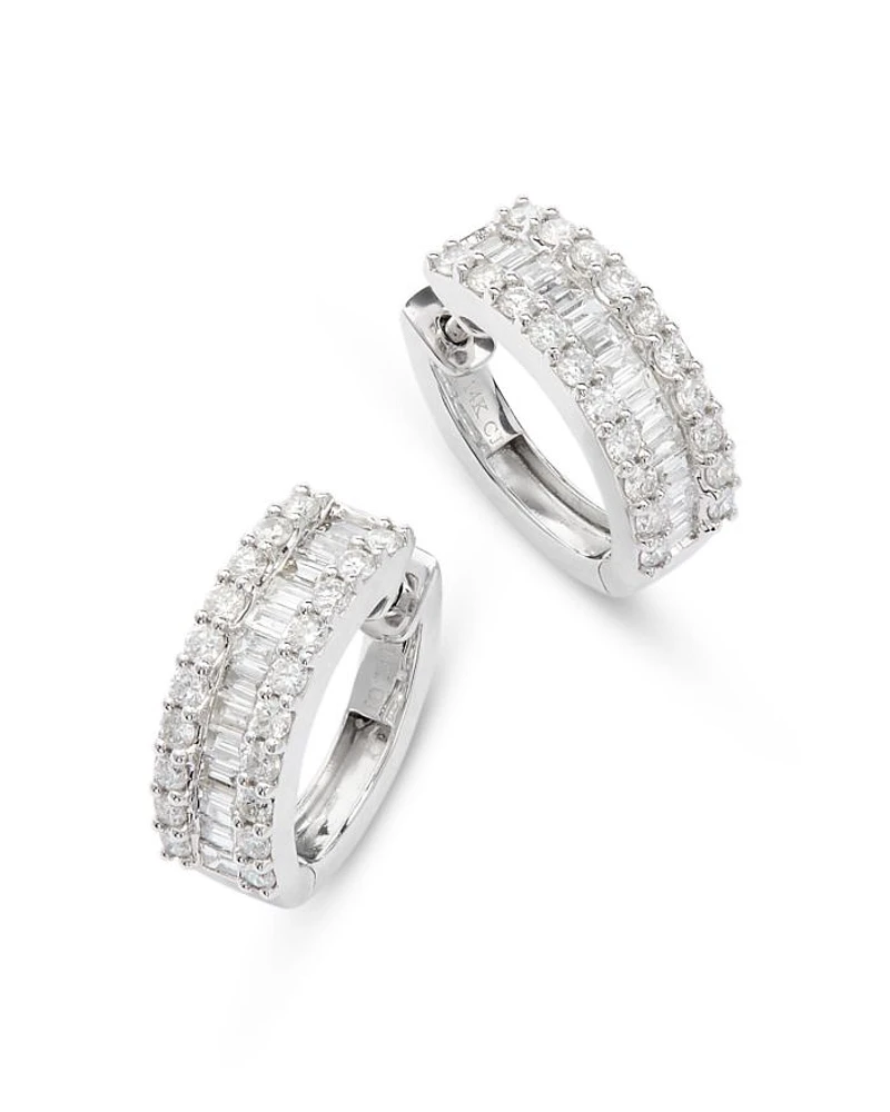 Diamond Baguette & Round Huggie Hoop Earring in 14K White Gold, 2.0 tcw
