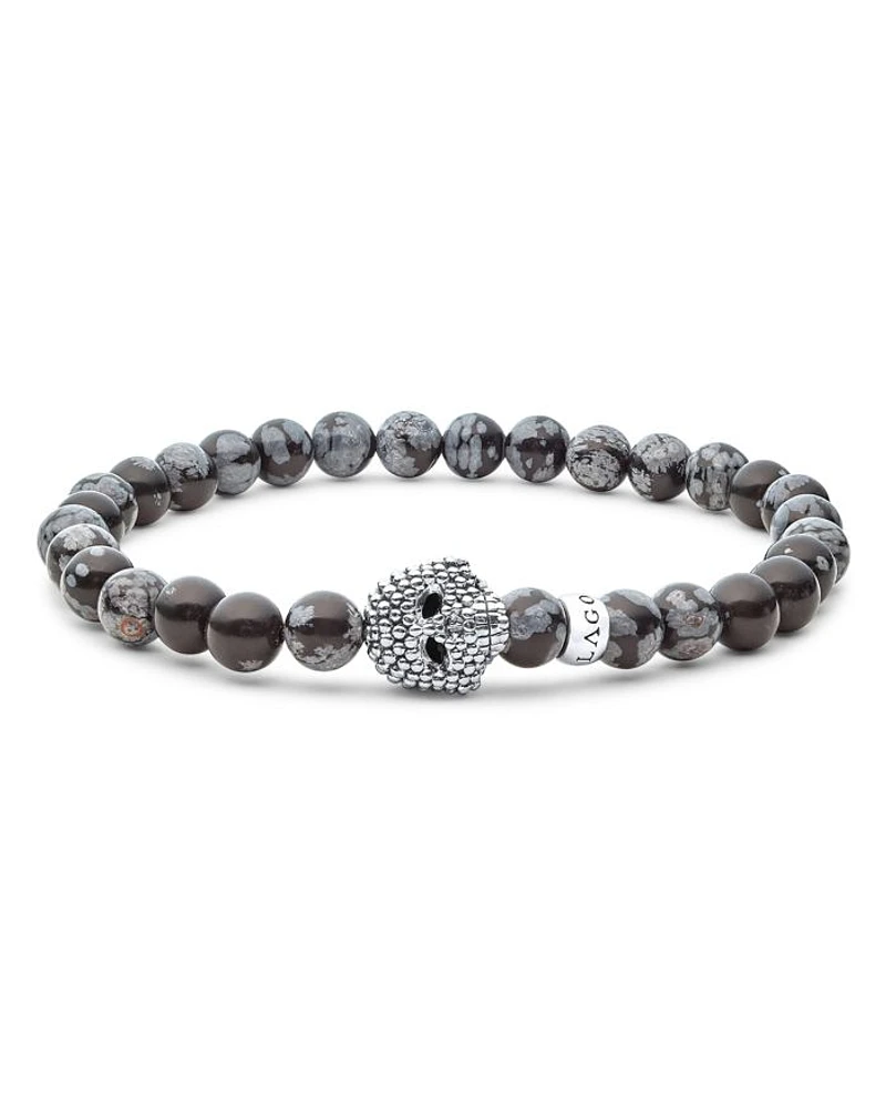 Men's Sterling Silver Anthem Snowflake Obsidian Bead Skull Stretch Bracelet - Exclusive