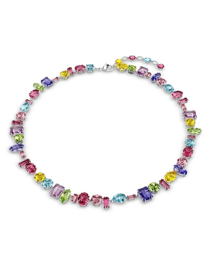 Gema Asymmetric Mixed Cut Crystal Necklace in Rhodium Plated, 14"
