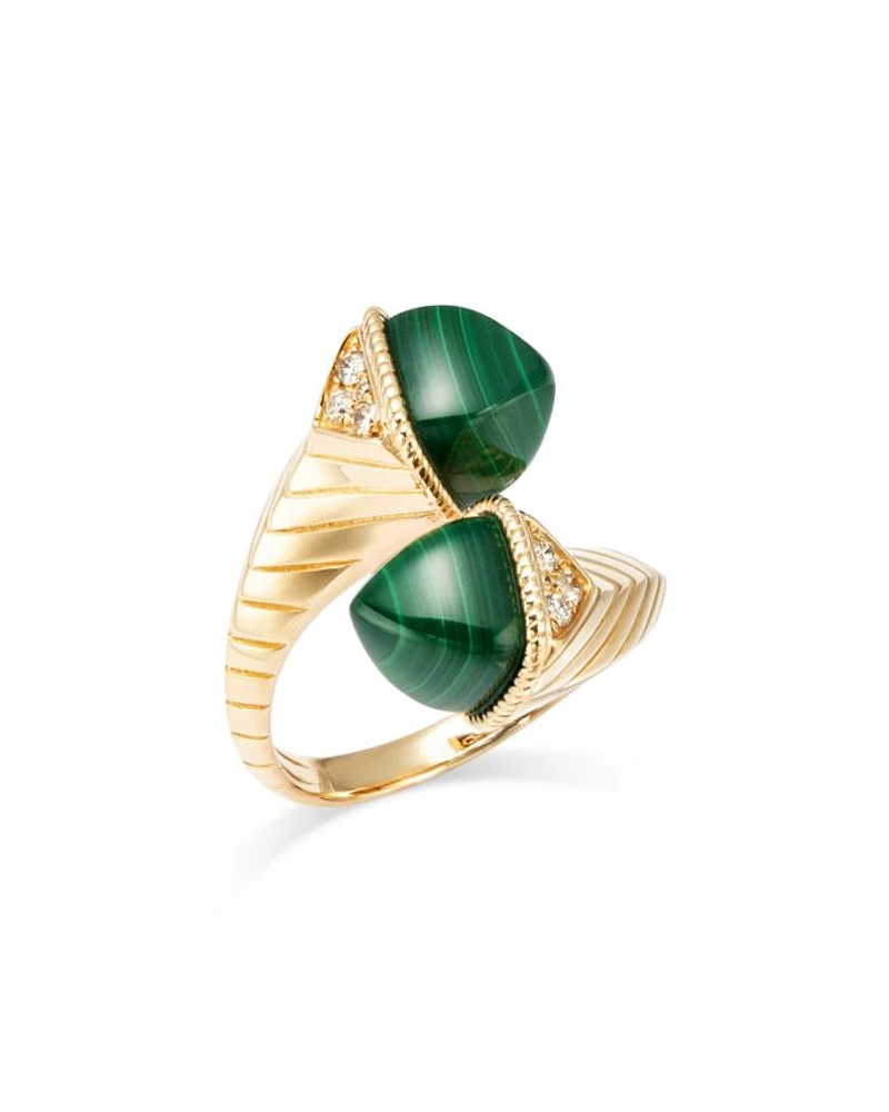 Malachite & Diamond Bypass Ring in 14K Yellow Gold