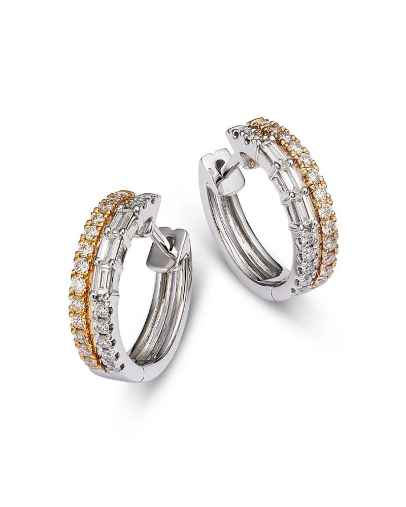 Diamond Round & Baguette Small Double Hoop Earrings in 14K Yellow & White Gold, 0.53 tcw