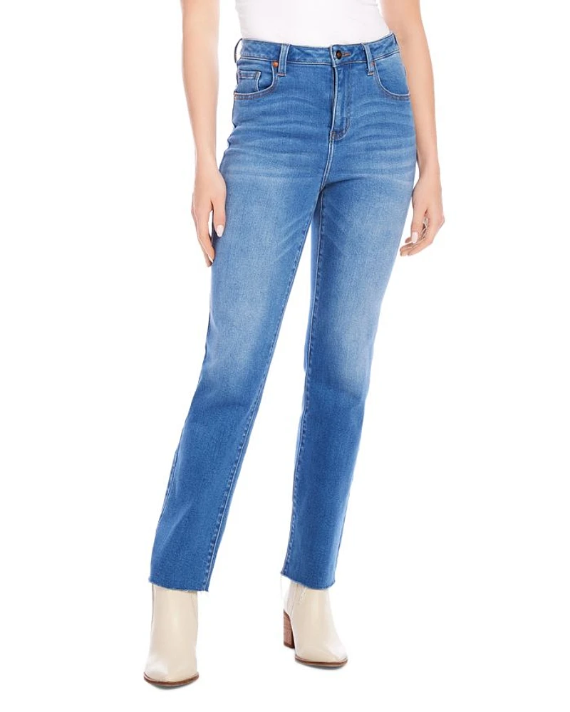 Petite High Rise Raw Hem Straight Jeans Denim