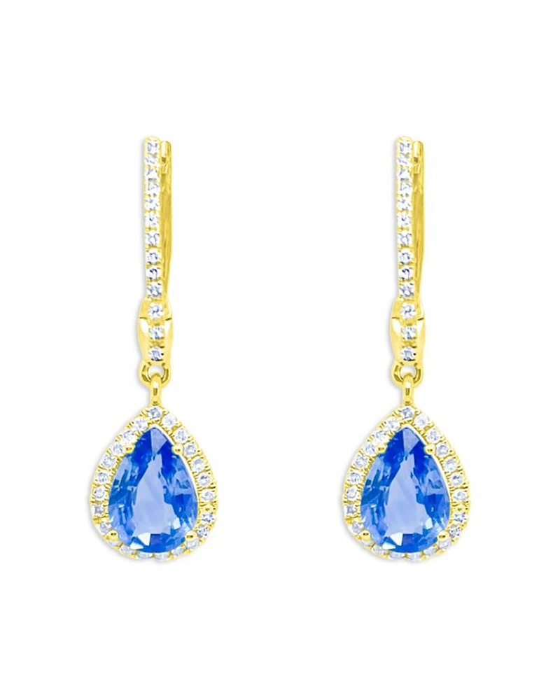 14K Yellow Gold Blue Sapphire & Diamond Halo Dangle Huggie Hoop Earrings