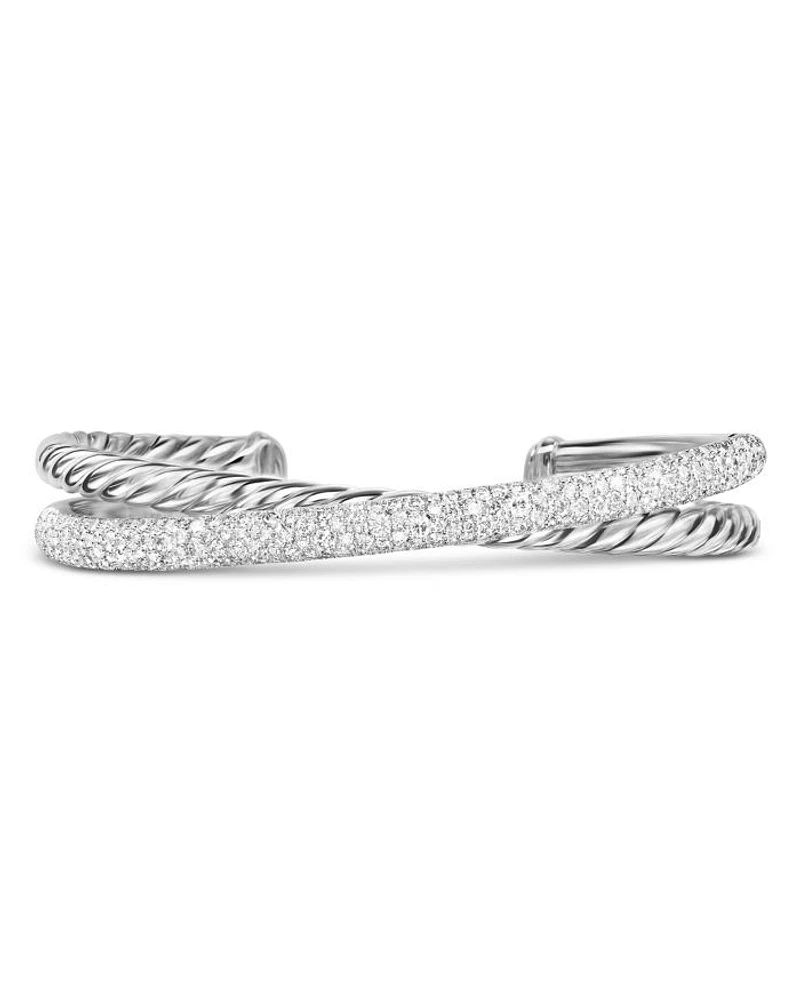 Crossover Two Row Cuff Bracelet in Sterling Silver with Diamonds, 11mm