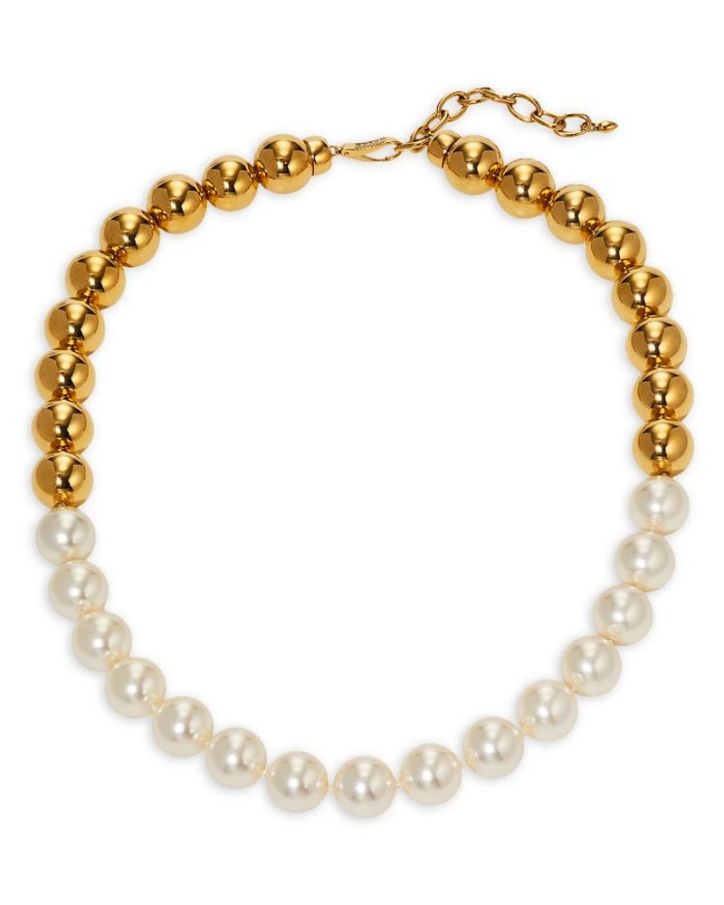 Farrah Imitation Pearl Beaded Collar Necklace in 18K Gold Plated, 19"