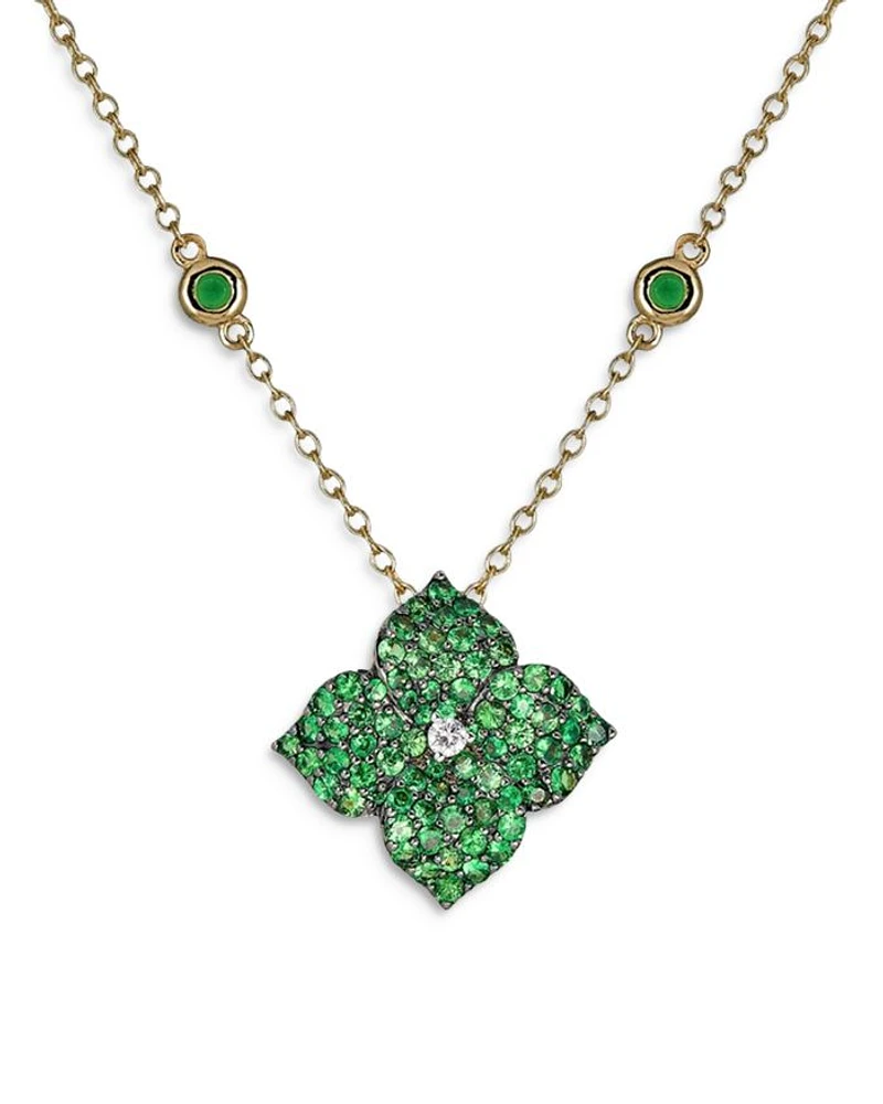 18K Yellow Gold Small Fiore Necklace with Green Tsavorite Garnets and Diamonds