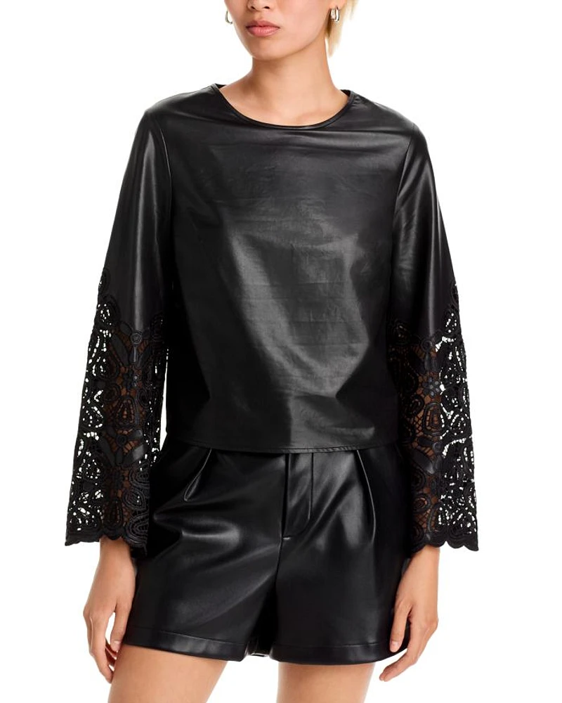 Lara Faux Leather Embroidered Long Sleeve Top