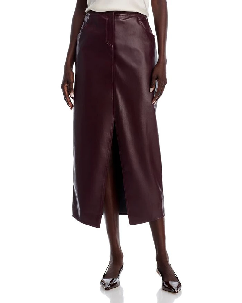 Faux Leather Front Slit Midi Skirt