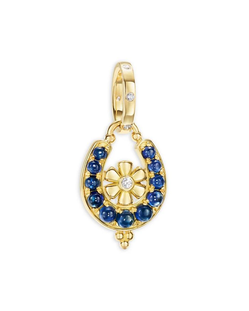 18K Yellow Gold FJ Blue Moonstone & Diamond Flower Horseshoe Pendant