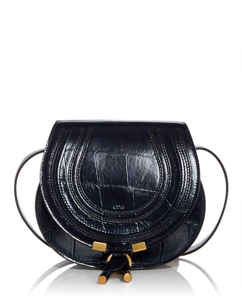 Marcie Small Croc Embossed Leather Saddle Bag