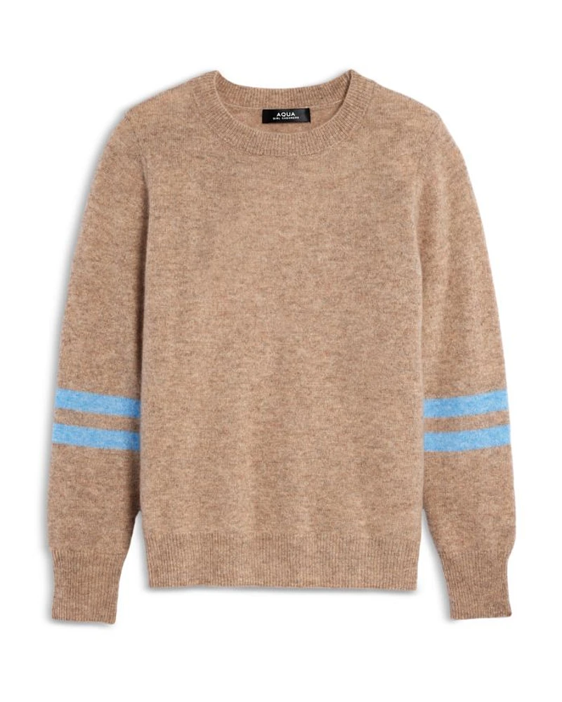 Girls' Stripe Sleeve Cashmere Pullover Crewneck Sweater, Big Kid - Exclusive