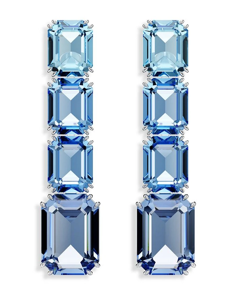Millenia Blue Octagon Crystal Linear Drop Earrings in Rhodium Plated