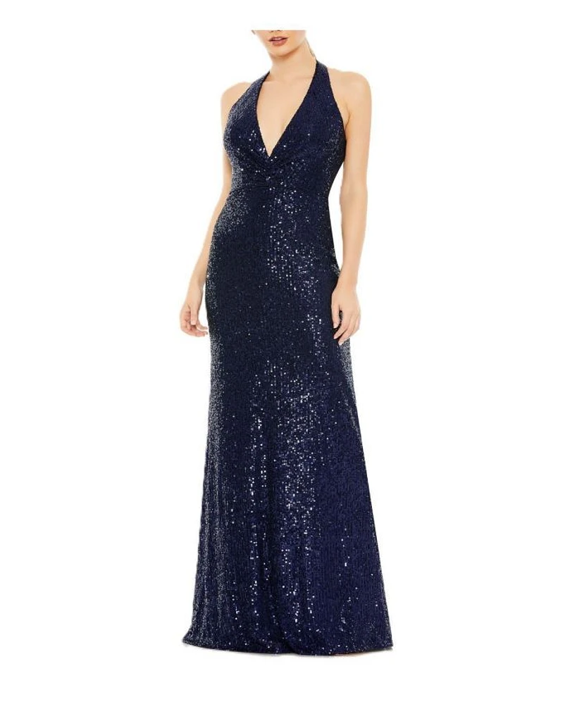 Sequin Halter Strap Plunge Neck Gown