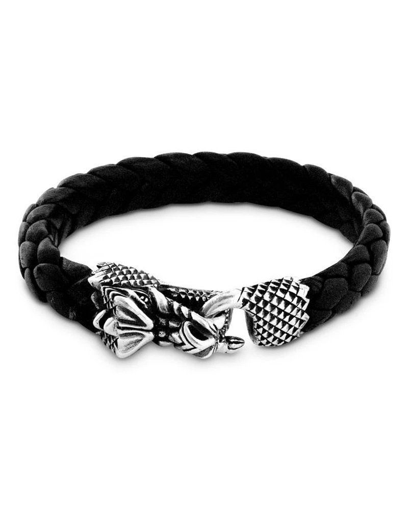 Men's Sterling Silver Dragon Head Clasp Woven Leather Bracelet
