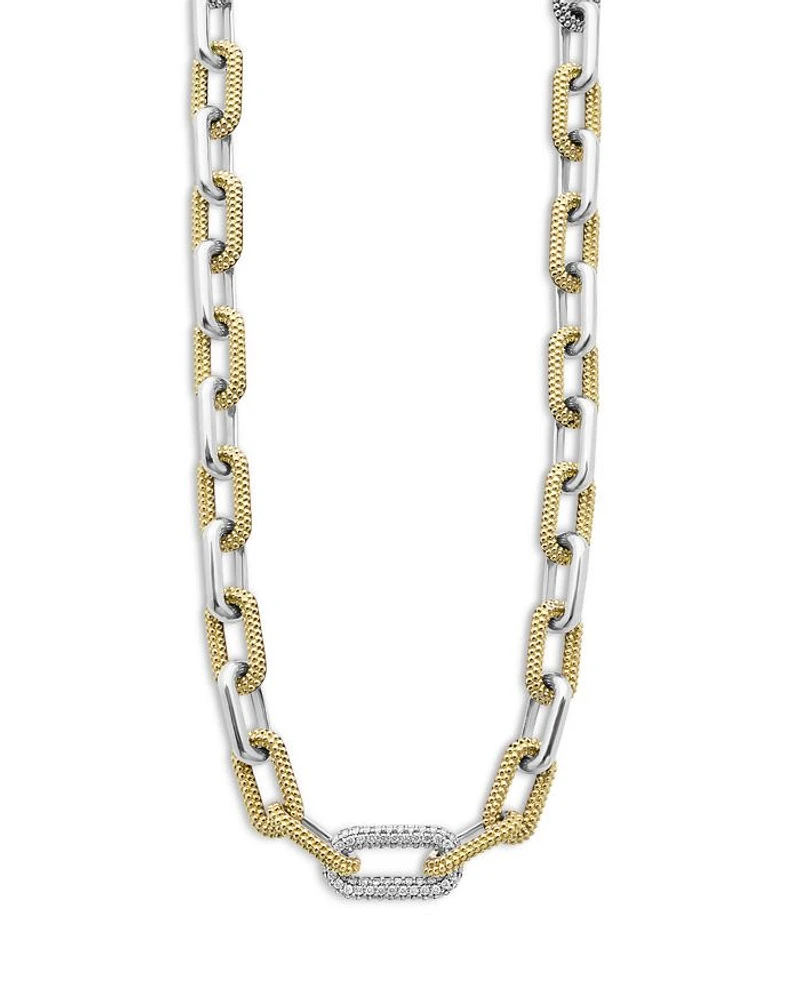 18K Yellow Gold & Silver Caviar Lux-Clip Diamond Link Necklace, 18