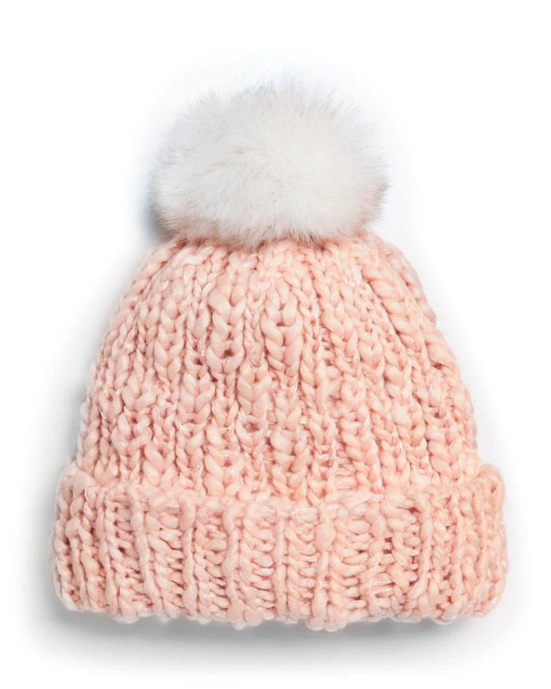 Girls' Knit Cuffed Beanie Hat With Faux Fur Pom - Big Kid