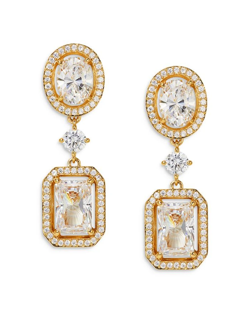 Radiant Cubic Zirconia Halo Double Drop Earrings in 18K Gold Plated