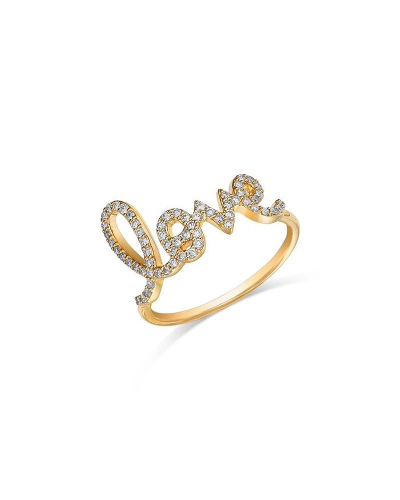 14K Yellow Gold Large Love Script Ring with Diamonds, 0.31 tcw