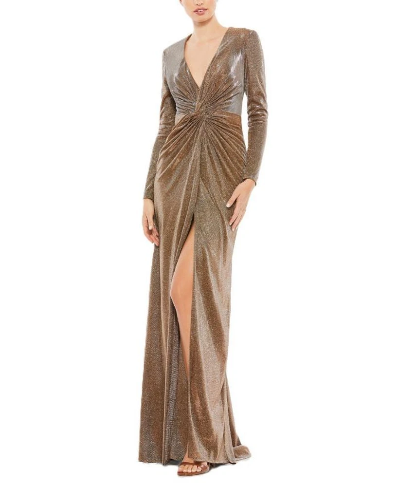 Front Twist V Neck Long Sleeve Gown