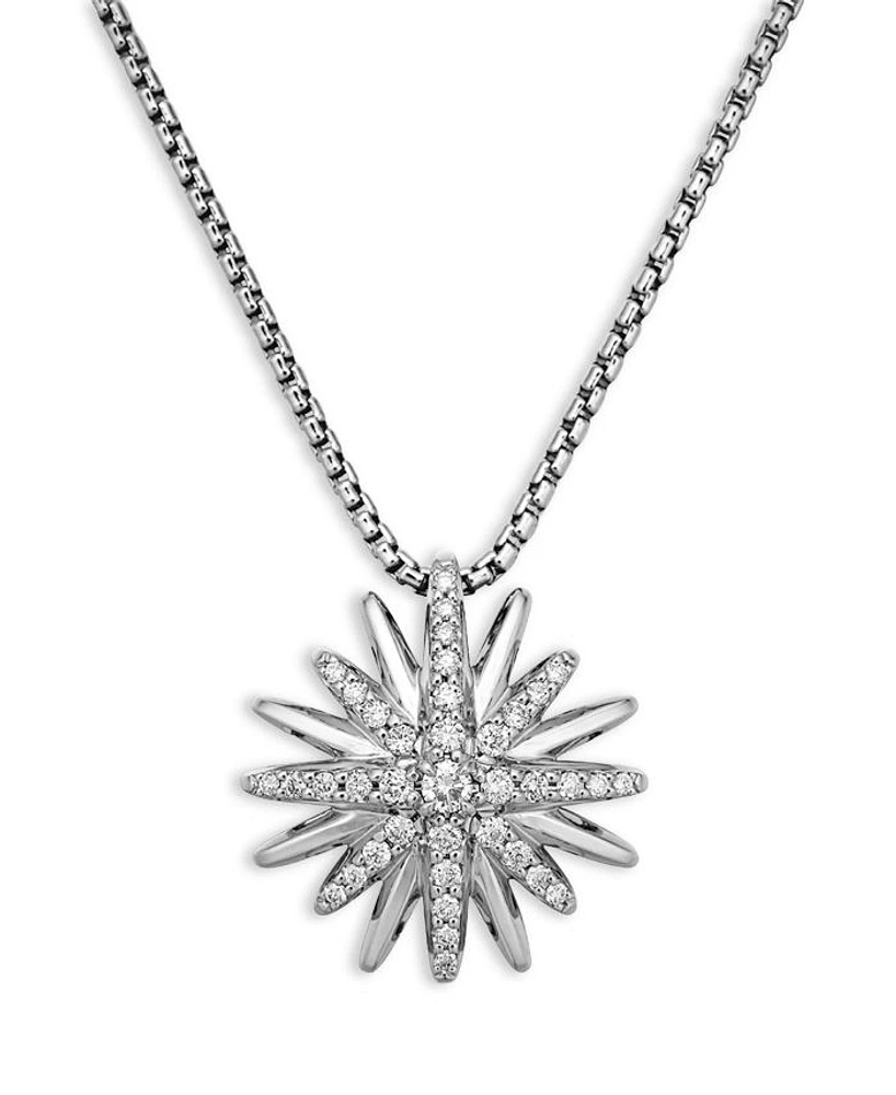 Starburst Pendant Necklace in Sterling Silver with Pavé Diamonds, 17-18"