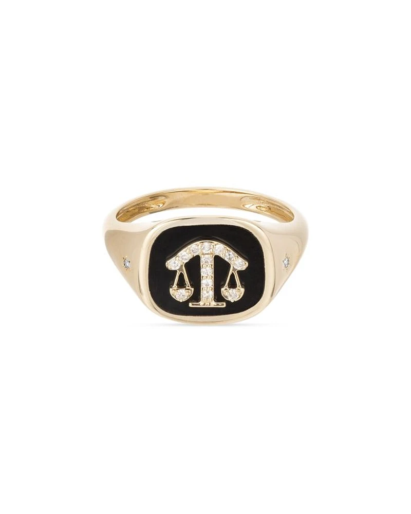 14K Yellow Gold Diamond & Ceramic Zodiac Libra Signet Ring, 0.06 tcw