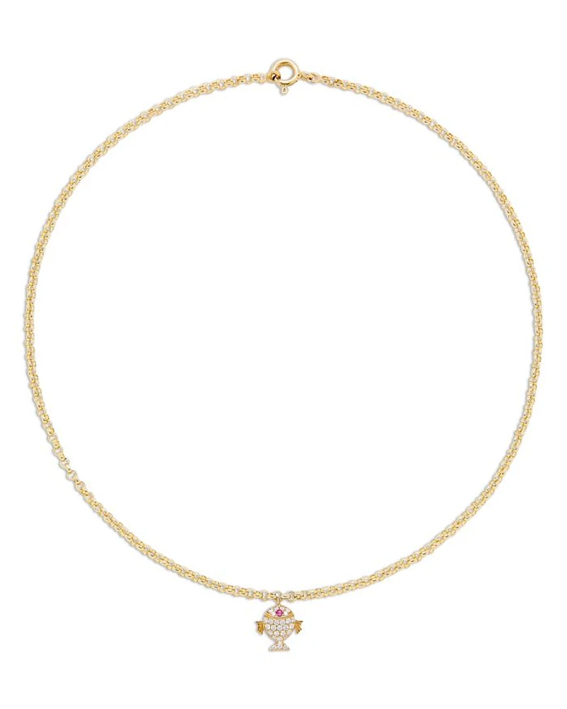 Petit Poison OJ Ruby & Gray Diamond Fish Pendant Necklace in 18K Yellow Gold, 14.76"