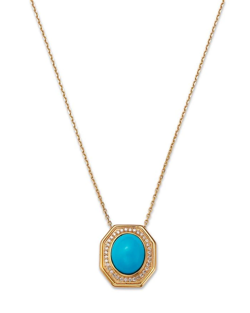 Turquoise & Diamond Halo Pendant Necklace in 14K Yellow Gold, 17.5"