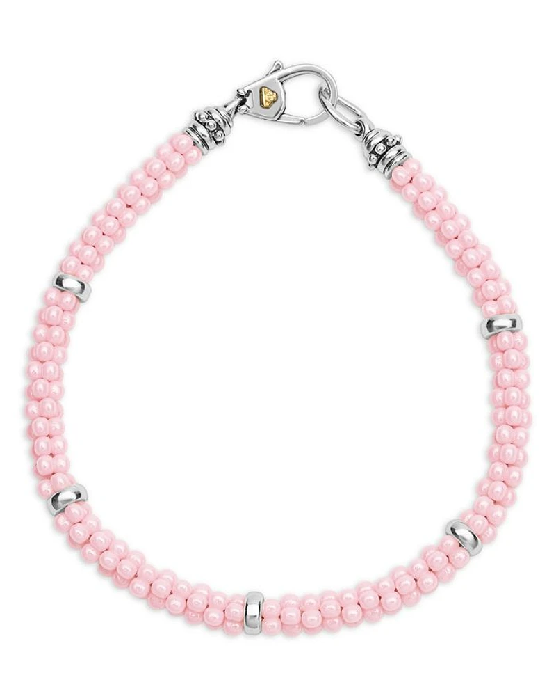 18K Yellow Gold & Sterling Silver Pink Caviar Ceramic Bead Bracelet