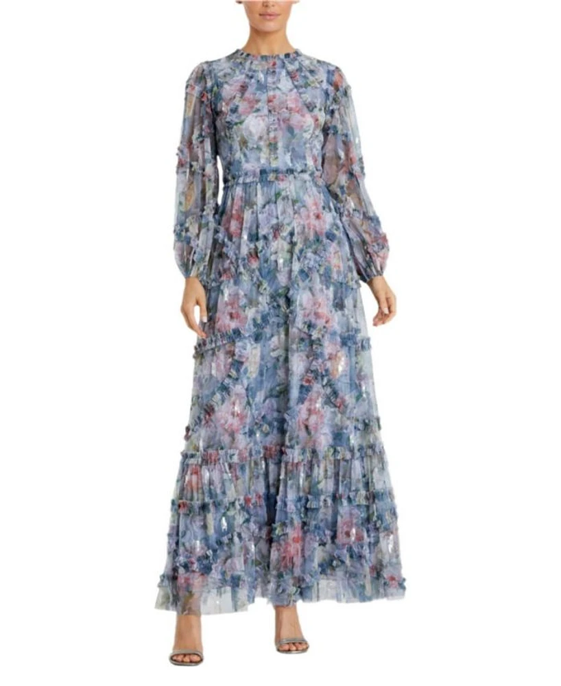 Long Sleeve High Neck Sequin Detail Ruffle Gown