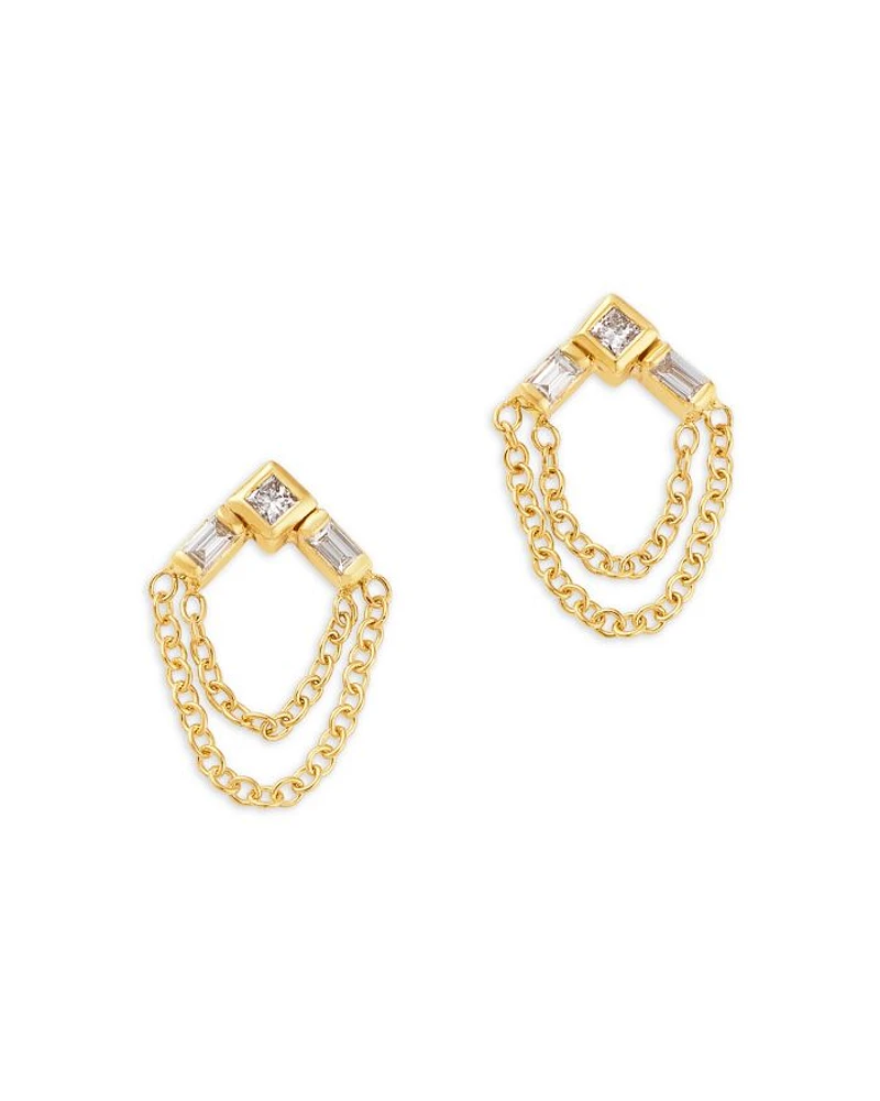 14K Yellow Gold Paris Diamond Princess & Baguette Chain Drop Earrings