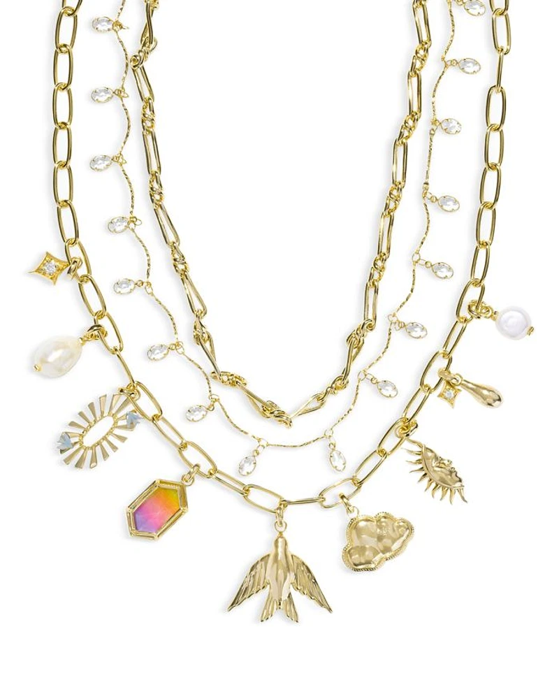 Melody Mixed Charm Layered Statement Necklace in Gold Tone, 15"