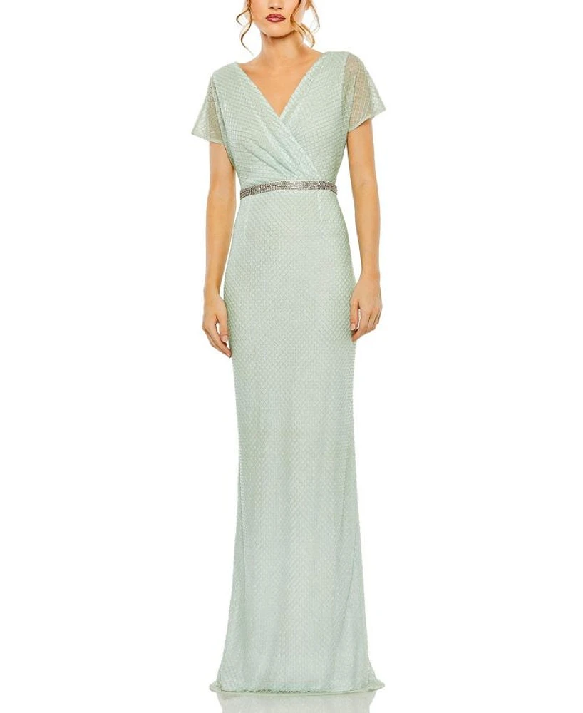 Short Sleeve Beaded V-Neck Gown