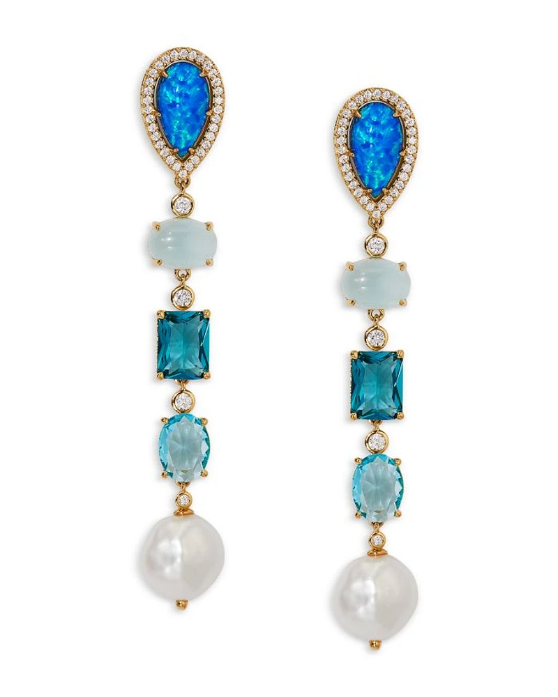 Blue Lagoon Mixed Stone Linear Drop Earrings in 18K Gold Plated