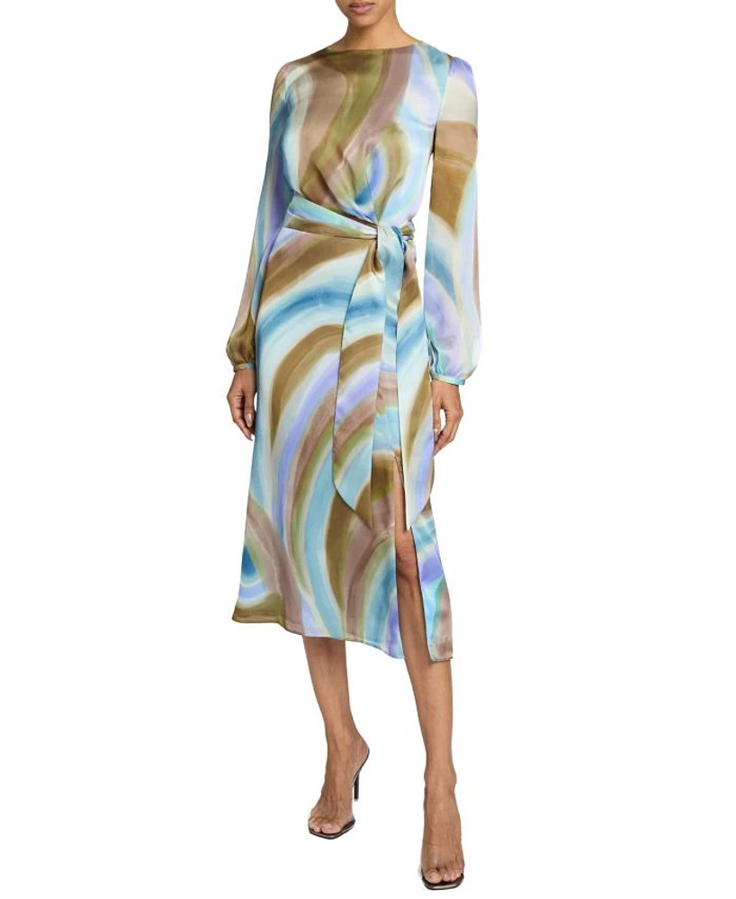 DORIA Long Sleeve Midi Dress with Waist Tie Abstract Swirl Print