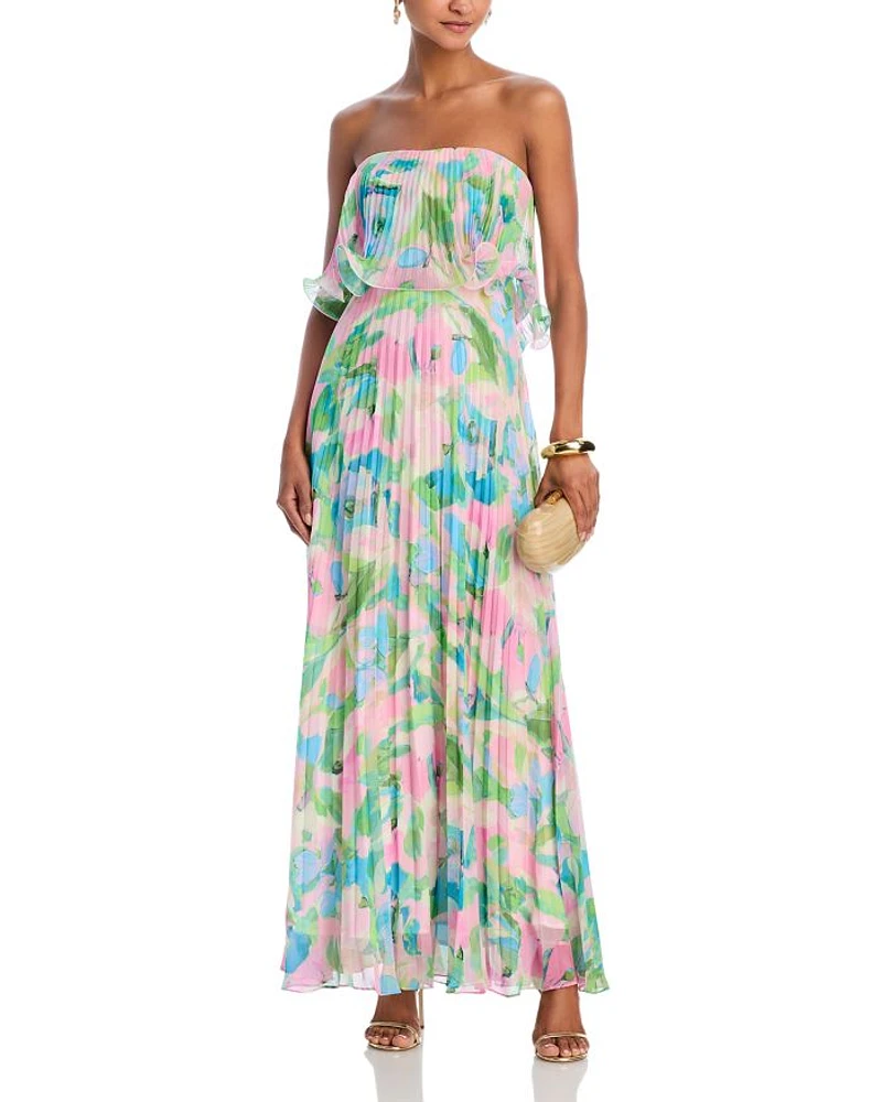 Printed Pleated Strapless Dress - Exclusive