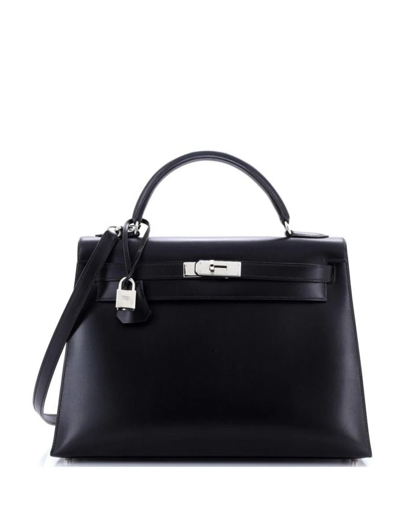 Kelly 32 Handbag Black Box Calf with Palladium Hardware