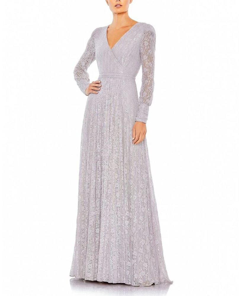 Beaded Lace Long Sleeve Wrap Over Gown
