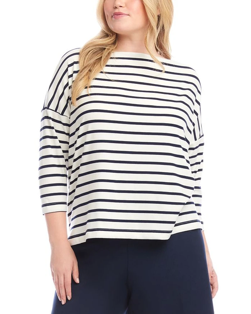 Stripe Three Quarter Sleeve Boatneck Top