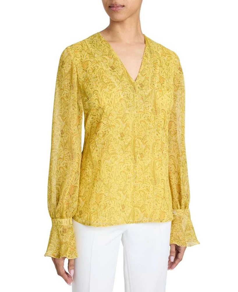 RUE Long Sleeve Blouse with Ruffled Cuffs Paisley Printed Crinkle Georgette