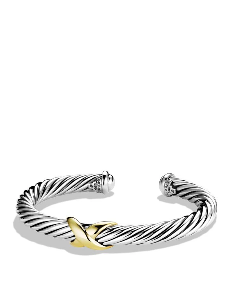 X Classic Cable Station Bracelet Sterling Silver with 14K Yellow Gold, 7mm