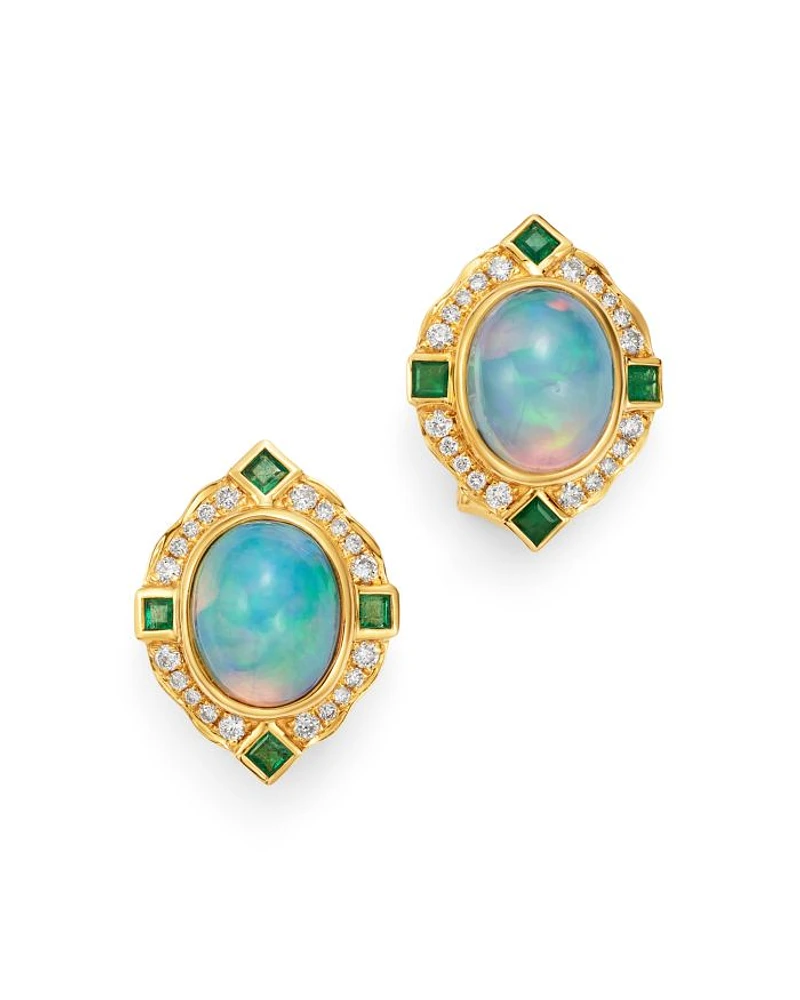 Ethiopian Opal, Emerald & Diamond Earrings in 14K Yellow Gold
