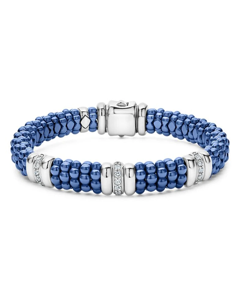 18K Yellow Gold & Sterling Silver Diamond Rondelle & Ultramarine Ceramic Caviar Bead Statement Bracelet