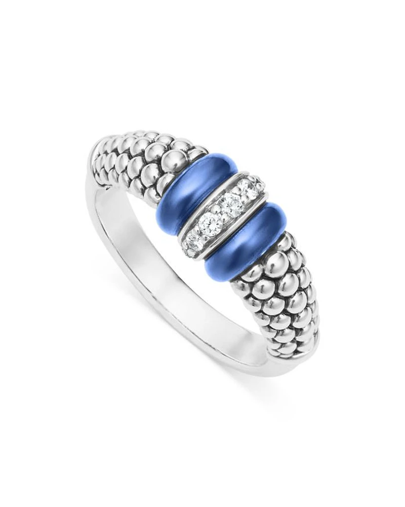 Sterling Silver Diamond & Ultramarine Ceramic Rondelle Bead Ring